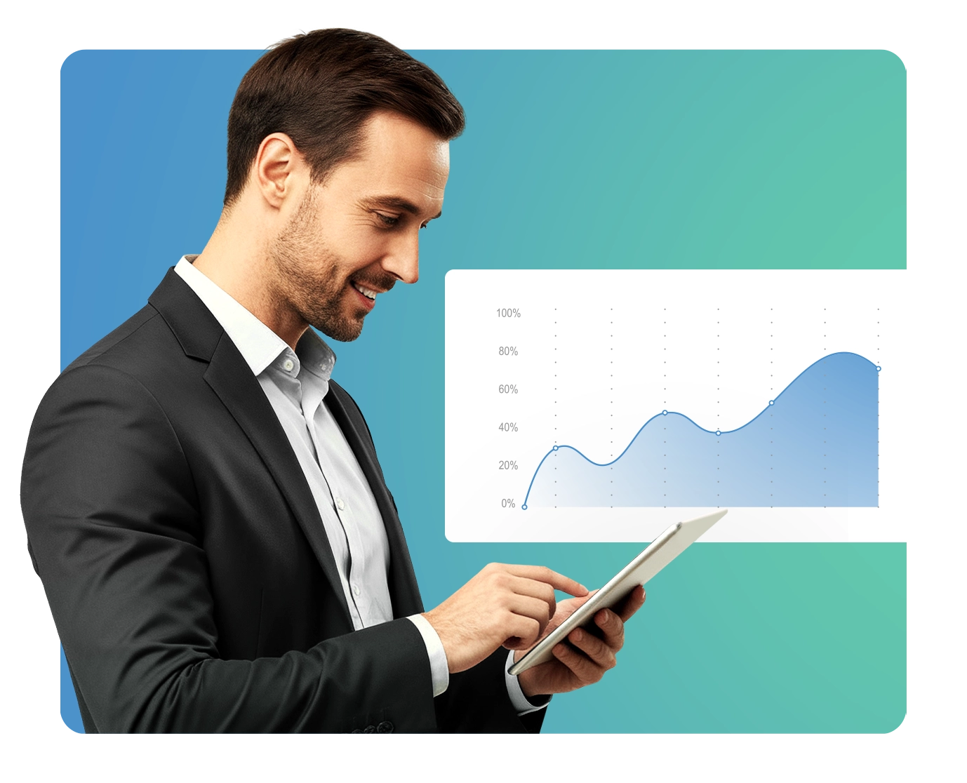 Homem feliz segurando um tablet com o sistema do Conselho Web